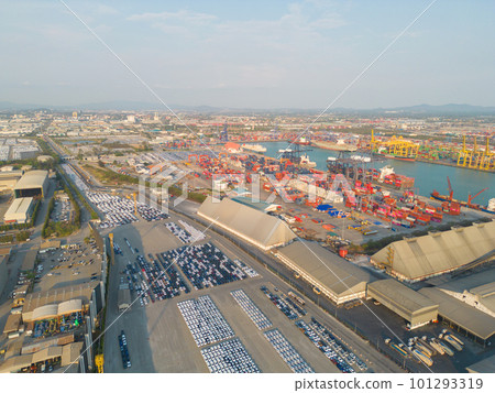 Aerial view of container cargo ship in the export and import business and logistics international goods in urban city. Shipping to the harbour by crane in Bangkok harbour, Thailand. 101293319