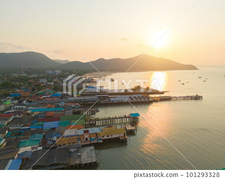 Aerial view of Chonburi port, Pattaya sea, beach in Thailand in summer season, urban city with blue sky for travel background. Chon buri skyline. Aerial view of Chonburi port, Pattaya sea, beach in Thailand in summer season, urban city with blue sky for travel background. Chon buri skyline. 101293328