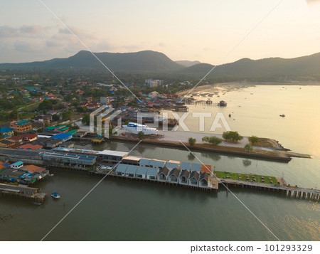 Aerial view of Chonburi port, Pattaya sea, beach in Thailand in summer season, urban city with blue sky for travel background. Chon buri skyline. 101293329