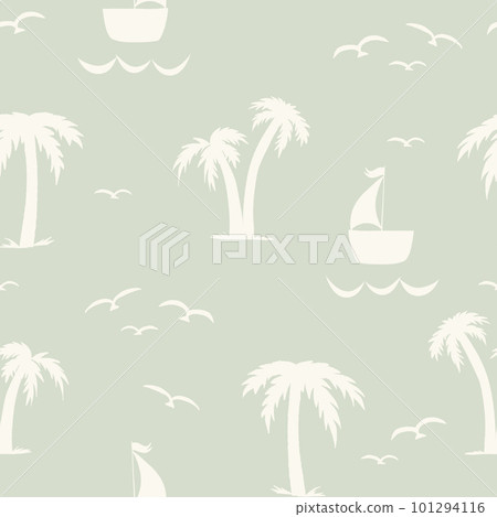 Seamless nautical pattern with silhouettes of palm trees and sailboats on the sea. Repeating summer background. Seamless nautical pattern with silhouettes of palm trees and sailboats on the sea. Repeating summer background. 101294116