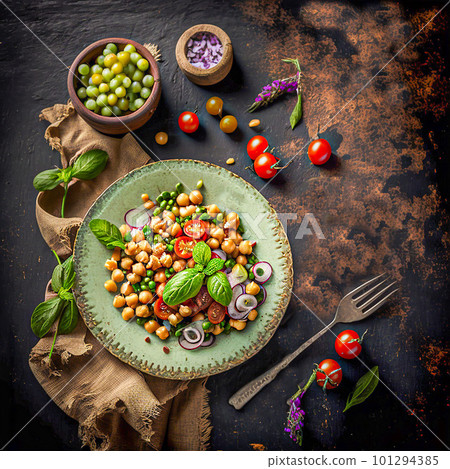 Vegetarian chickpea bean salad, cooked with tomatoes and cucumbers, around a lemon, on a dark background, Vegetarian chickpea bean salad, cooked with tomatoes and cucumbers, around a lemon, on a dark background, 101294385