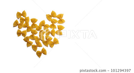 Dry raw uncooked farfalle pasta background. Flat lay 101294397