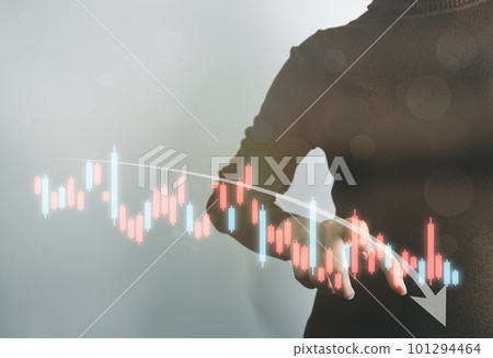Investor analyze stock chart,Businesswoman forecast graph in Bearish downtrend,Inflation Effect,Economic Depression, War effect Russia and Ukraine, trade war finance, covid-19 impact 101294464