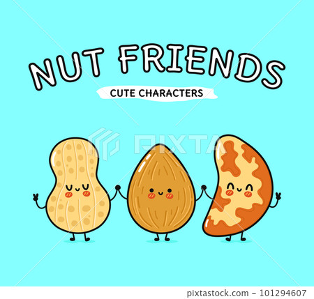 Cute, funny happy almonds, peanuts and Brazilian nut. Vector hand drawn cartoon kawaii characters, illustration icon. Funny happy cartoon almond, peanut and Brazilian nut mascot friends concept 101294607