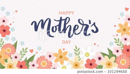 Mother s day banner with flowers, greeting card template, vector illustration with hand drawn lettering 101294688