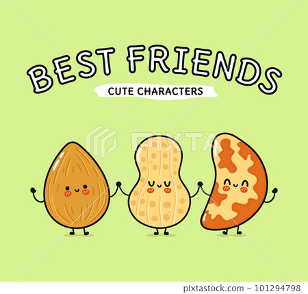 Cute, funny happy almonds, peanuts and Brazilian nut. Vector hand drawn cartoon kawaii characters, illustration icon. Funny happy cartoon almond, peanut and Brazilian nut mascot friends concept 101294798