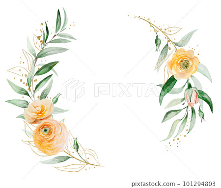 Wreath made of orange and yellow watercolor flowers and green leaves, isolated wedding illustration Wreath made of orange and yellow watercolor flowers and green leaves, isolated wedding illustration 101294803