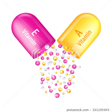Open capsule vitamin complex pill with falling out vitamin A and E molecules in realistic style isolated on transparent background 101295943