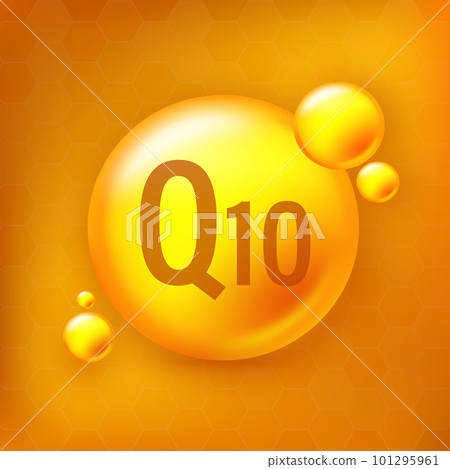 Vitamin Q10 gold shining pill capcule icon. Pill capcule vector illustration on yellow isolated background 101295961