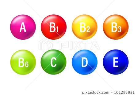 Set of colored vitamin. Vitamin A, B1, B2, B3, B4, C, D, E. Multivitamins capsules isolated on blue background. 101295981