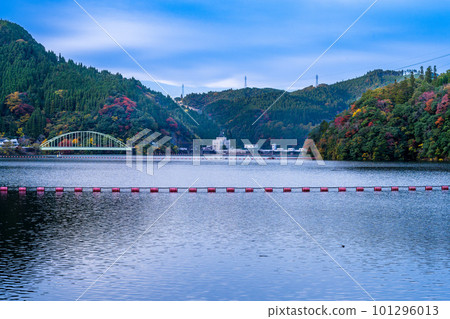 秋日晴朗的松原水壩周圍的紅葉景色（大分縣中津江）（熊本縣阿蘇區小國町）縣界 101296013
