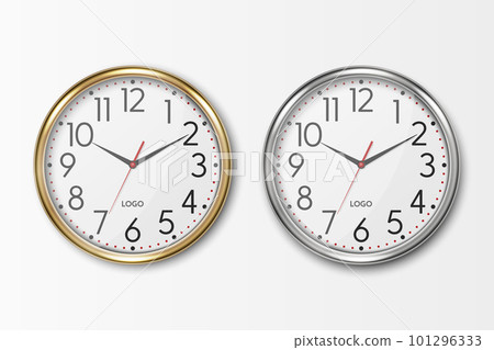 Vector 3d Realistic Round Metal Wall Office Clock with White Dial Icon Set. Gray and Yellow Metal Watches - Silver, Steel, Gold. Design Template, Mock-up for Branding, Advertise. Front View Vector 3d Realistic Round Metal Wall Office Clock with White Dial Icon Set. Gray and Yellow Metal Watches - Silver, Steel, Gold. Design Template, Mock-up for Branding, Advertise. Front View 101296333