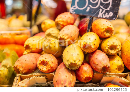 Fresh prickly pear cactus at the farmers Market at Barcelona Fresh prickly pear cactus at the farmers Market at Barcelona 101296523
