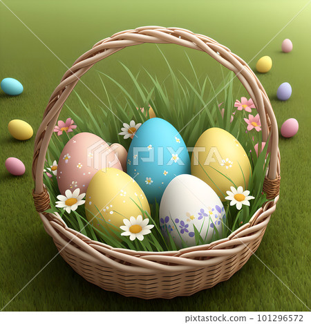 Basket of easter eggs on green grass at sunny day, AI generative Basket of easter eggs on green grass at sunny day, AI generative 101296572
