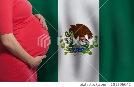 Mexican pregnant woman belly on flag of Mexico background Mexican pregnant woman belly on flag of Mexico background 101296642