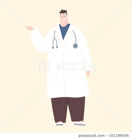 穿著白大衣和指導的男醫生的矢量插圖。 101296656