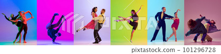 Mix of retro and modern dance styles. Set of images of young people dancing against multicolored background in neon light Mix of retro and modern dance styles. Set of images of young people dancing against multicolored background in neon light 101296728