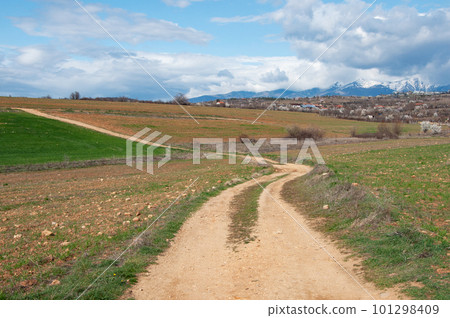 Country landscape, dirt road, early springtime 101298409