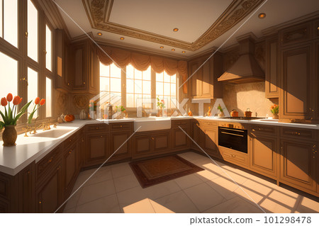 Luxurious kitchen interior in a modern royal palace, in light of sunset. AI generated 101298478