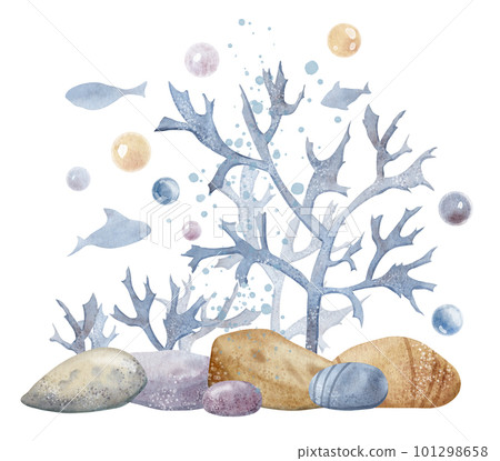 Seabed with Coral reefs, seaweeds and stones. Hand drawn watercolor illustration of ocean floor with little fishes on isolated background. Underwater aglae in blue and beige colors. Drawing for icon. 101298658