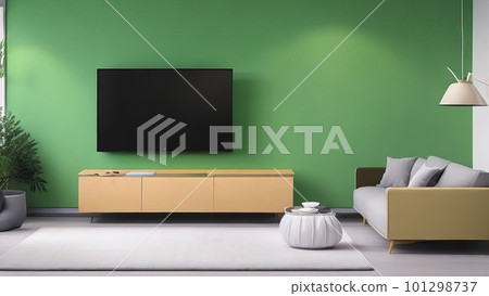 Modern living room with TV on cabinet. Generative AI. 101298737