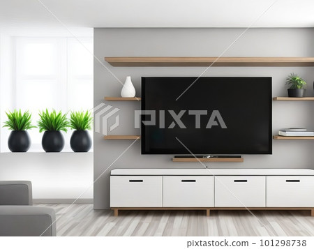 Modern living room with TV on cabinet. Generative AI. 101298738