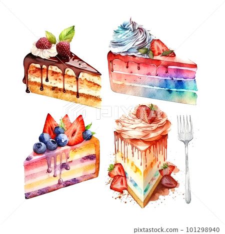 set vector watercolor cake, piece of cake. It can be used for card, postcard, cover, invitation, wedding card, mothers day card, birthday card, menu, recipe. set vector watercolor cake, piece of cake. It can be used for card, postcard, cover, invitation, wedding card, mothers day card, birthday card, menu, recipe. 101298940