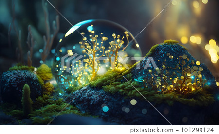 Magical iridescent crystals in dark mystery forest Magical iridescent crystals in dark mystery forest 101299124