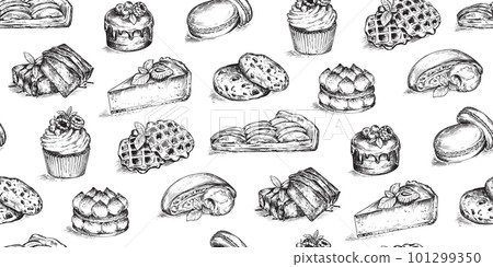 Vector seamless pattern with hand drawn desserts in sketch style Vector seamless pattern with hand drawn desserts in sketch style 101299350