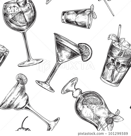 Vector seamless pattern with hand drawn cocktails in sketch style Vector seamless pattern with hand drawn cocktails in sketch style 101299389