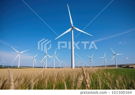 Wind turbine on grass field landscape. World environment and earth day concept. Wind turbine on grass field landscape. World environment and earth day concept. 101300164