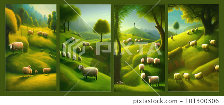 Sheep in meadows and green hills. Summer rural landscape banner vector 101300306