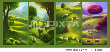 Sheep in meadows and green hills. Summer rural landscape banner vector 101300308