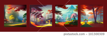 Torii, Japanese shrine gate. Vector illustration wooden Japanese Torii gate 101300309