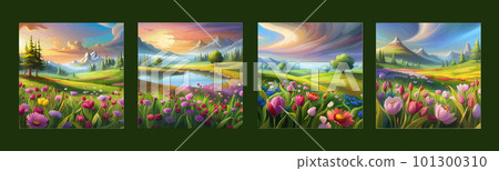 Banner set Field spring wild flowers against backdrop mountains lit by morning Banner set Field spring wild flowers against backdrop mountains lit by morning 101300310