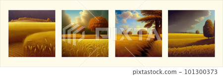 Rural landscape with wheat fields and yellow trees and sky on background. Rural landscape with wheat fields and yellow trees and sky on background. 101300373