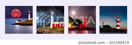 Red with white Lighthouse on sea shore at night in summer. Landscape view 101300419