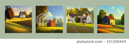 Vector illustration beautiful summer landscape with house and trees and green Vector illustration beautiful summer landscape with house and trees and green 101300444