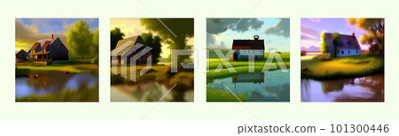 Green valley landscape. Summer season on lake with picturesque view. Houses Green valley landscape. Summer season on lake with picturesque view. Houses 101300446