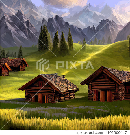 Wooden house on meadow against backdrop forests and mountains. Forester Shack. 101300447