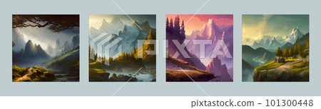 Incredible mountain landscape with forest and river. Vector illustration. Incredible mountain landscape with forest and river. Vector illustration. 101300448