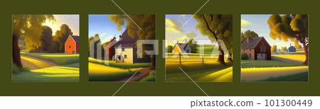Vector illustration beautiful summer landscape with house and trees and green 101300449