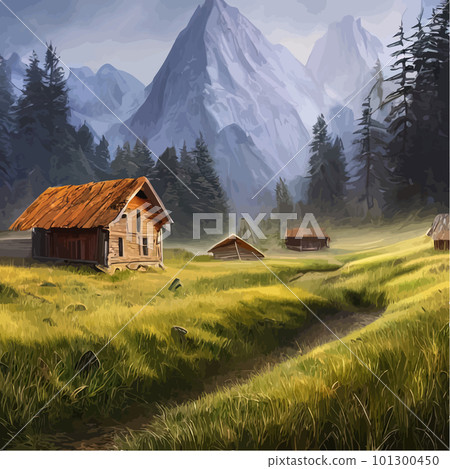 House forester far from civilization. Cartoon terrain in forest with trees House forester far from civilization. Cartoon terrain in forest with trees 101300450
