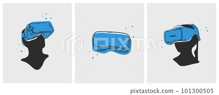 Hand drawn vector abstract graphic line art collection with virtual reality technology headset devise and human silhouette. Human in virtual reality headset outline design. Concept of virtual reality. 101300505
