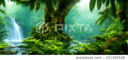 Beautiful waterfall river in dark green tropical forests. Fantasy Fackrop Beautiful waterfall river in dark green tropical forests. Fantasy Fackrop 101300506