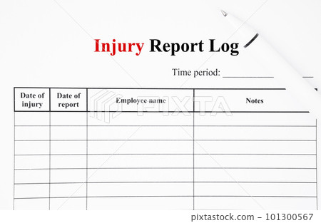 The blank Workplace Injury Report Log with pen. 101300567