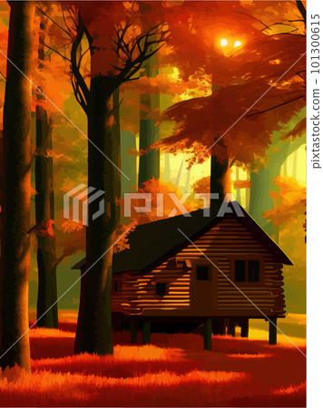 Fairytale house made logs with red roof, old wooden door, window. Vector 101300615