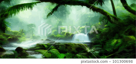 Beautiful waterfall river in dark green tropical forests. Fantasy Fackrop Beautiful waterfall river in dark green tropical forests. Fantasy Fackrop 101300698