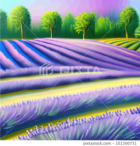 Lavender purple fields, green meadows and mountains. Farm panoramic view 101300731