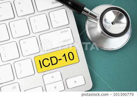 The International Classification of Diseases and Related Health Problem 10 Revision or ICD-10 and stethoscope medical on computer keyboard. The International Classification of Diseases and Related Health Problem 10 Revision or ICD-10 and stethoscope medical on computer keyboard. 101300770